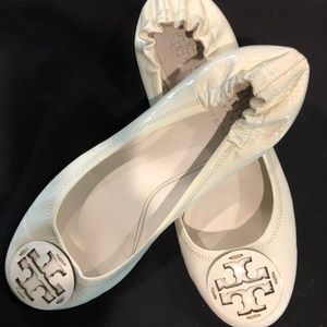 Tory Burch White patten leather shoes with gold